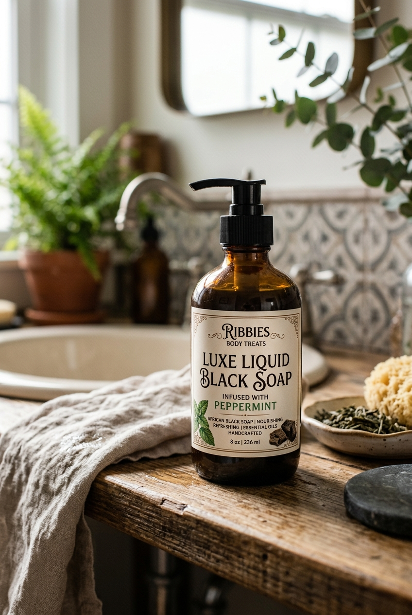 2oz. ￼ Liquid Black Soap infused with peppermint amazing shower gel.